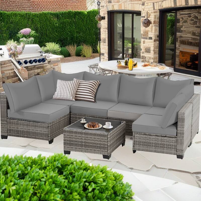 7-Piece Wicker Patio Conversation Set with Cushions,6 Sofas, 1 Table - Grey