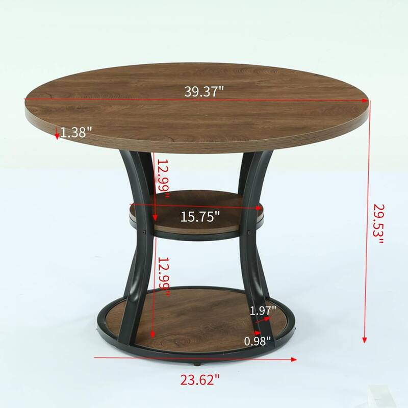 39.37 Inch Round Conference Table with 2-Tier Storage Shelf and Metal Base for 4 People - 39.37" D x 39.37" W x 29.53" H