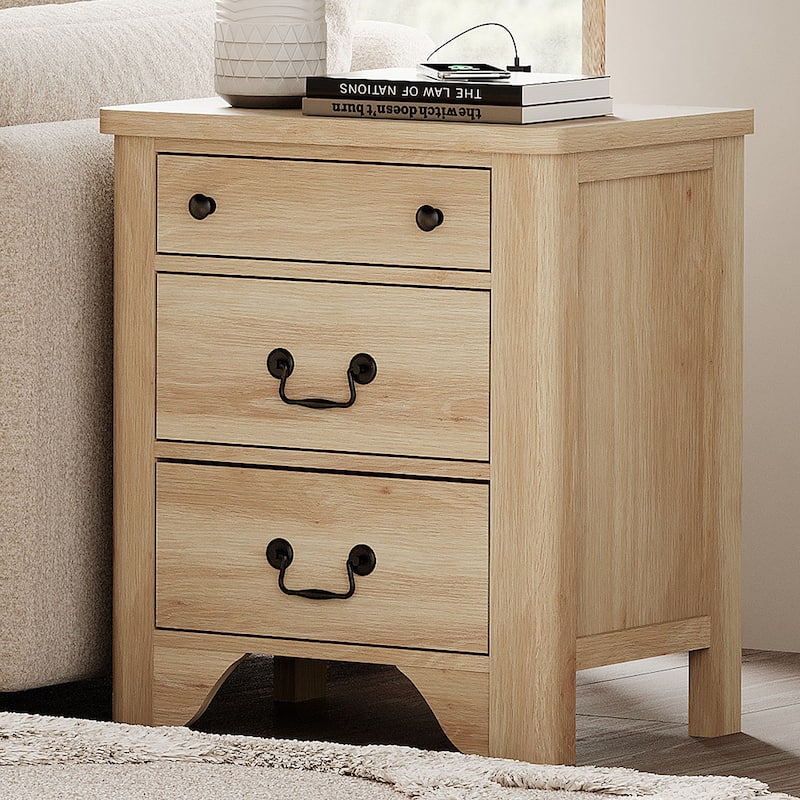 WAMPAT Farmhouse Nightstand with 3 Drawers - oak - 3-drawer