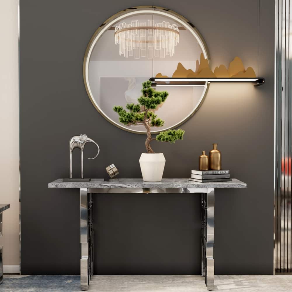 Modern Console Table 55 inch Sofa Table with High Gloss Top and Mirrored Metal Base for Entryway Living Room