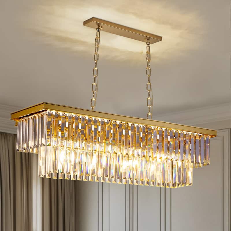 Gold Rectangle Crystal Chandelier, Luxury Pendant Light for Dining Room, Bulbs Included - 10-light - gold
