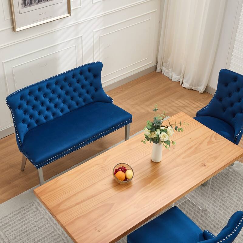 Velvet Double Dining Loveseat Bench, 2-Seat Tufted Bench w/Handmade Buttons, Wing Back, Stainless Steel Legs,Single Pack