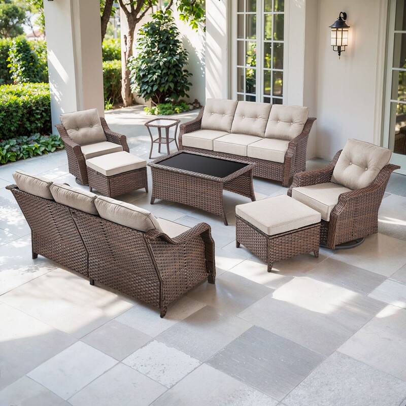 Artisan 8-Piece Patio Brown Wicker Sofa Conversation Set with 6-Inch Thick Cushions