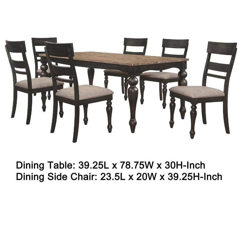 Brad 7pc Dining Table Set, Brushed Hardwood Top, 6 Chairs Light Brown Seats