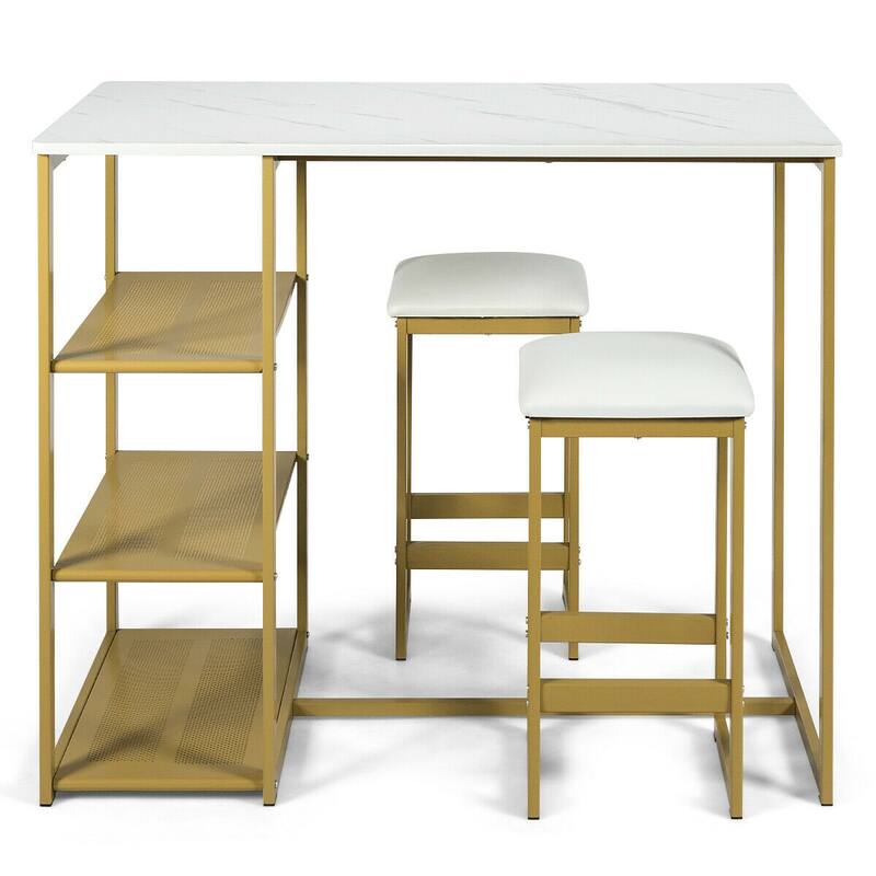 Gymax 3 Piece Pub Set w/ Faux Marble Top Bar Table and 2 Stools Dining