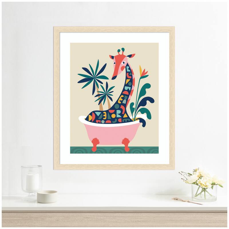 Kate and Laurel Framed Art Mid Century Modern Giraffe in Bathtub by Rachel Lee