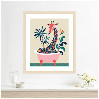 Kate and Laurel Framed Art Mid Century Modern Giraffe in Bathtub by Rachel Lee
