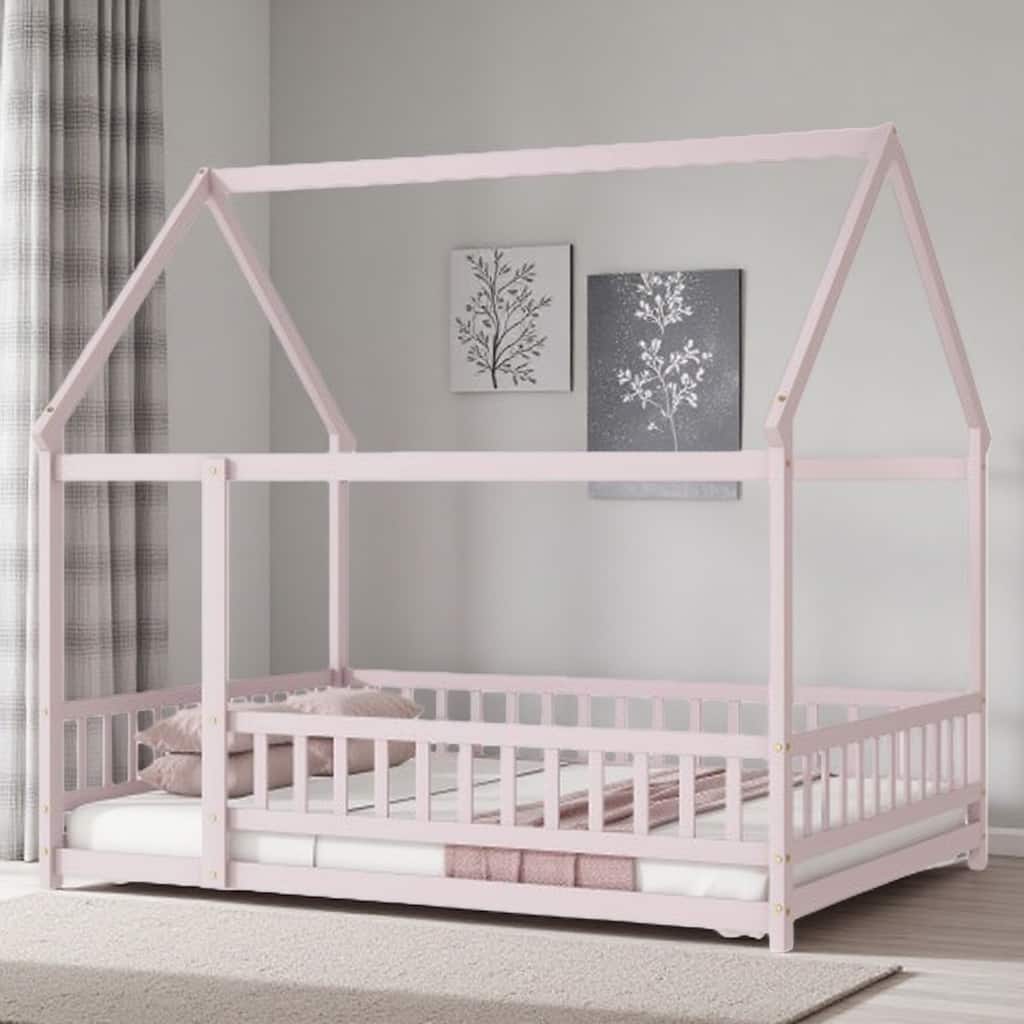 Full Size Wooden Floor Bed for Kids with House Roof Frame and Safety Guardrails