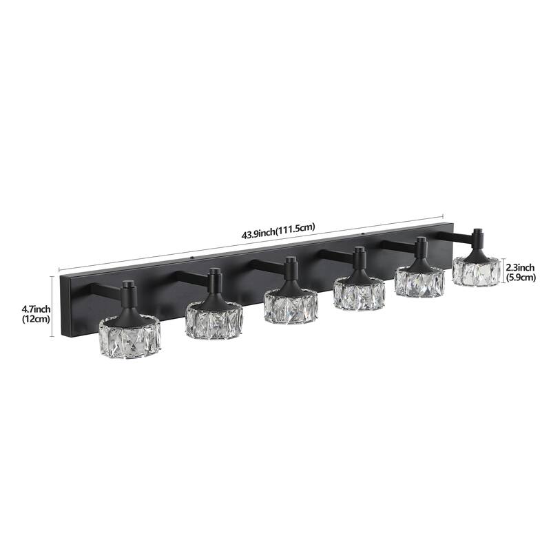 Modern 6-Light Matte Black LED Vanity Light Fixture with Crystal Glass Shades, Bathroom Wall Sconce
