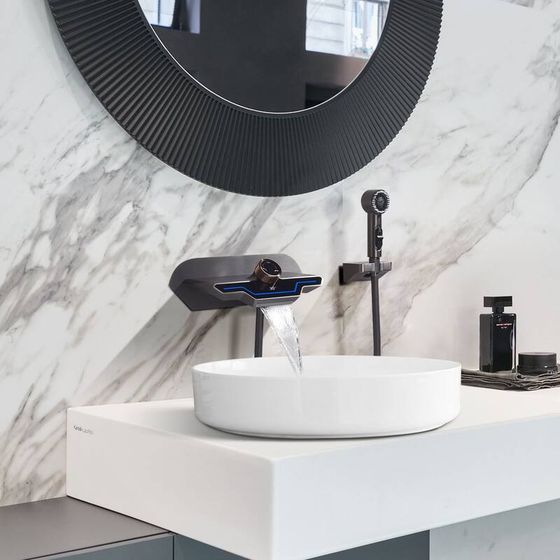 3-Way Digital Waterfall Bathroom Sink Faucet with Side Spray in Grey/White