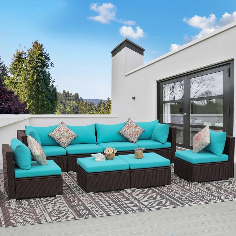 FINCATI Outdoor Wicker Patio Furniture Conversation Sectional Sofa Set - 8 PCS - Teal