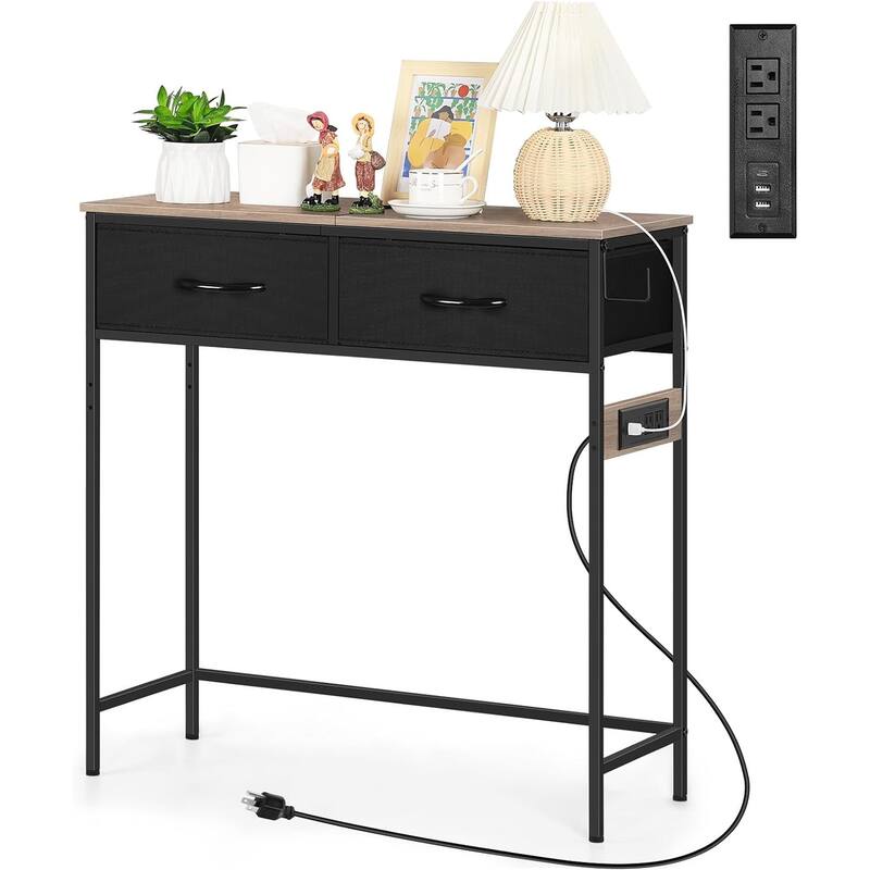 Console Table with Fabric Drawers Charging Station - Gray-Black