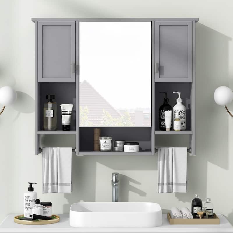 35''x 28''Wall Mounted Bathroom Storage Cabinet,Wall Cabinet with Mirror,Medicine Cabinet with Towels Bar - Grey