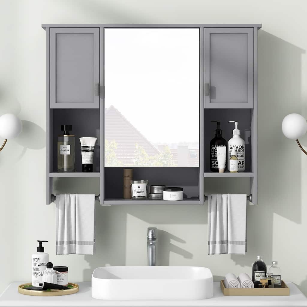 GDFStudio - Auburn Modern Wall-Mounted Bathroom Storage Cabinet with Mirror and Towels Bar - 35'' x 28''