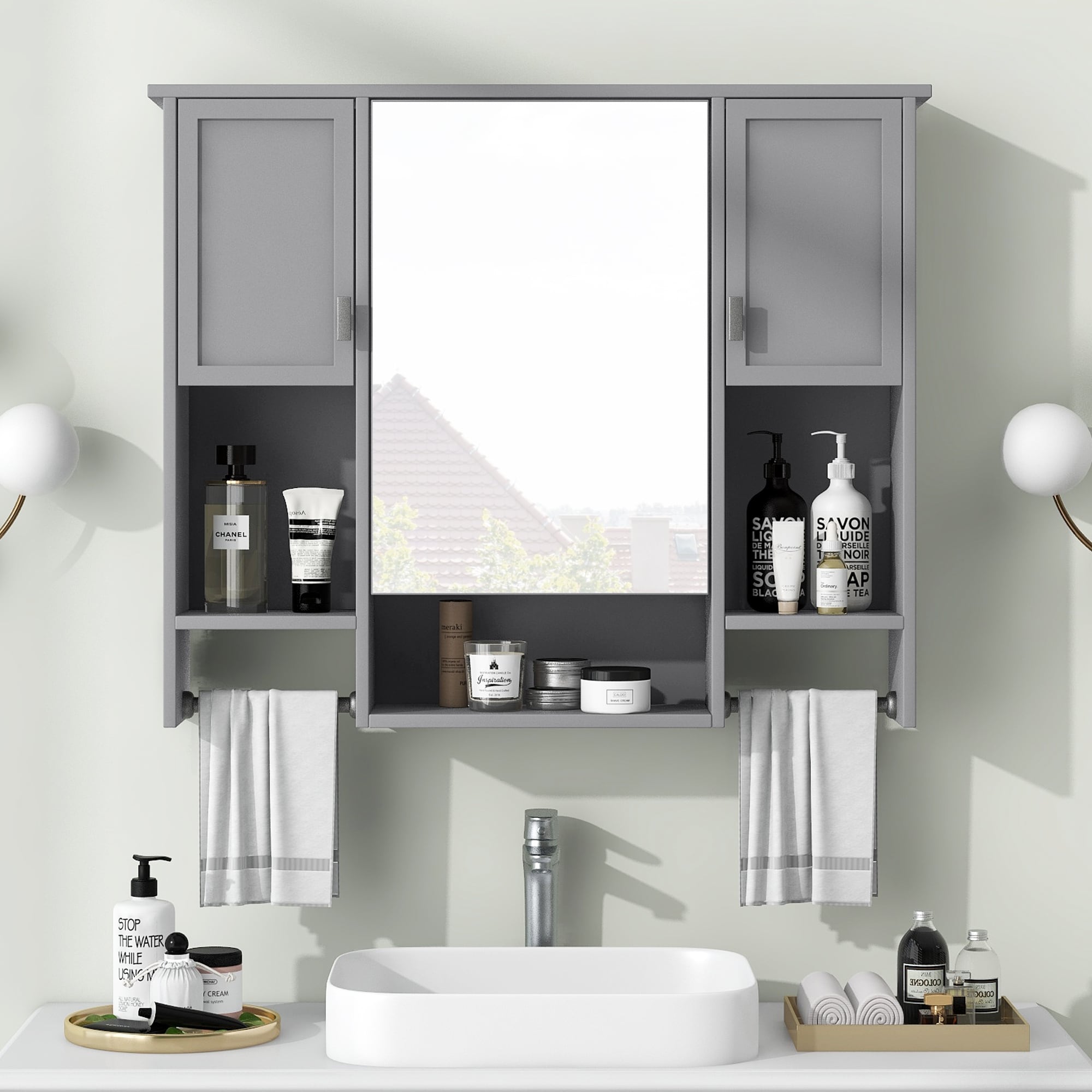 GDFStudio - Auburn Modern Wall-Mounted Bathroom Storage Cabinet with Mirror and Towels Bar - 35'' x 28''