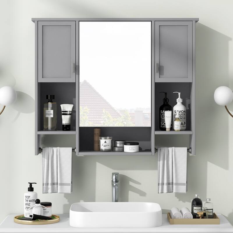 GDFStudio - Auburn Modern Wall-Mounted Bathroom Storage Cabinet with Mirror and Towels Bar - 35'' x 28''