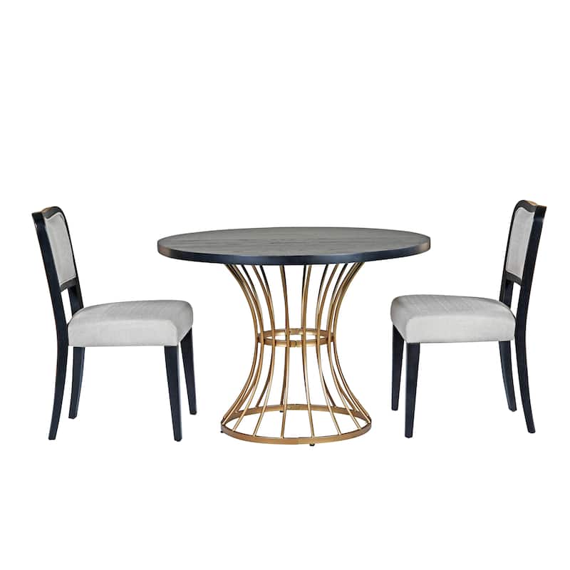 42" Round Dining Set-Solid Wood-Look Veneer Table +2 Upholstered Walnut-Finish Chairs,Heavy-Duty Iron Base,Space-Saving,3-Piece