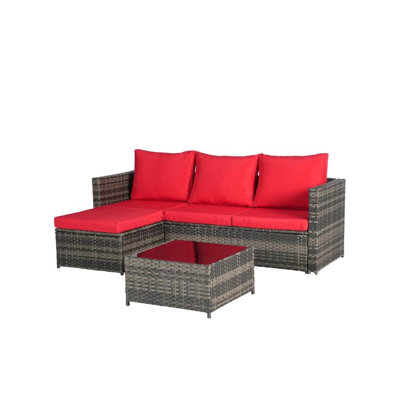 2-Pieces Outdoor Patio L-Shaped Sectional Sofa Set with Glass Coffee Table