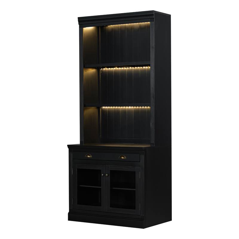 83.4" Tall Bookshelf with LED Lights, 2 Glass Doors & 1 Drawer for Living Room, Home Office