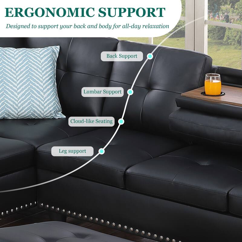 HOMEFUN Linen/Leather Upholstered L-Shaped 4-seater Multifunctional Sectional Sofa with Storage Ottoman,Cup Holder