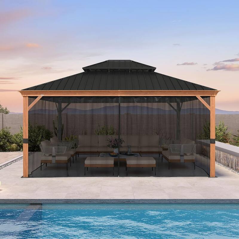 PURPLE LEAF Hardtop Gazebo Galvanized Steel Roof Gazebo Pergola w Wooden Coated Alumninum Frame and Mosquito Net