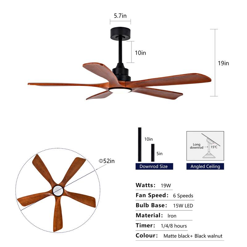 52 Inch Indoor Ceiling Fans With Lights and Remote Control, Dimmable LED, 5 Solid Wood Blades,Reversible DC Motor