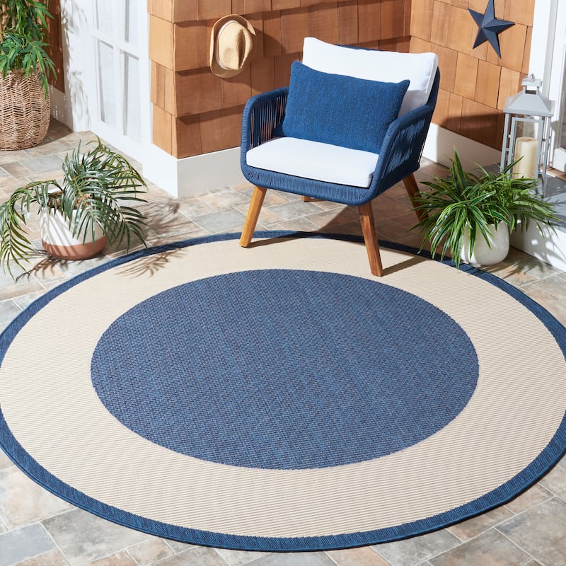 SAFAVIEH Courtyard Sherrie Border Indoor/ Outdoor Waterproof Patio Backyard Rug - 5' Round - Navy/Beige