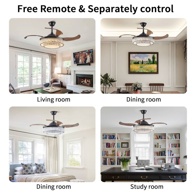Modern Crystal Ceiling Fan Light with Light and 4 Blades, 6 Adjustable Wind Speeds for Bedroom and Living Room