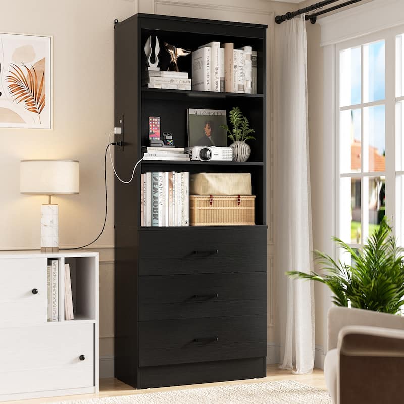6-Tier 23.6'' Display Cabinet with Charging Station and Drawers, Bookcase Storage Shelf Kitchen Pantry - Black