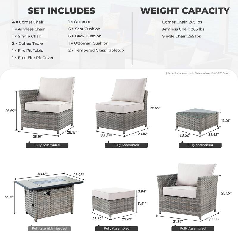 HOOOWOOO 10-piece Wicker Rattan Patio Furniture Sectional Set with Fire Pit