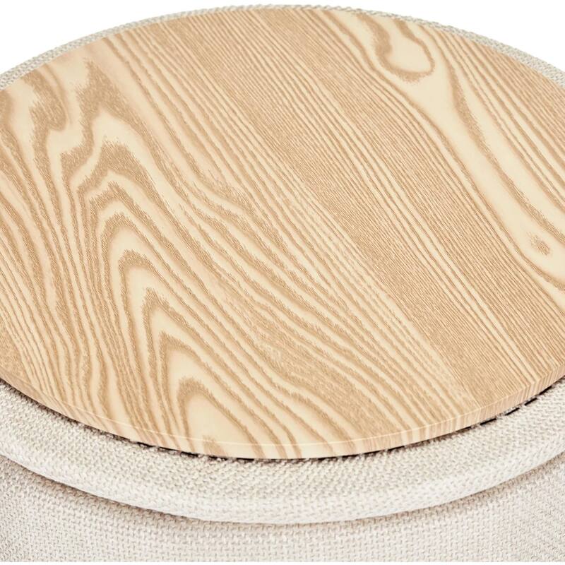 Modern Linen Ottoman with Pine Legs and Hidden Storage Flip Tray
