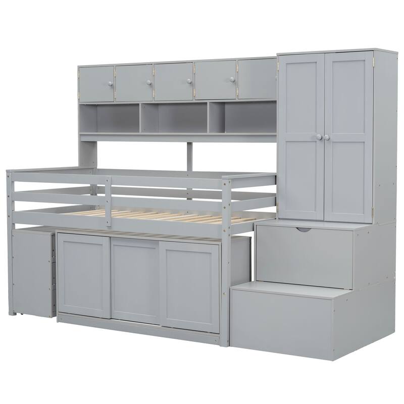 Gray Twin Size Wooden Loft Bed with Integrated Wardrobe, Under-bed Desk, Drawers, with Shelves