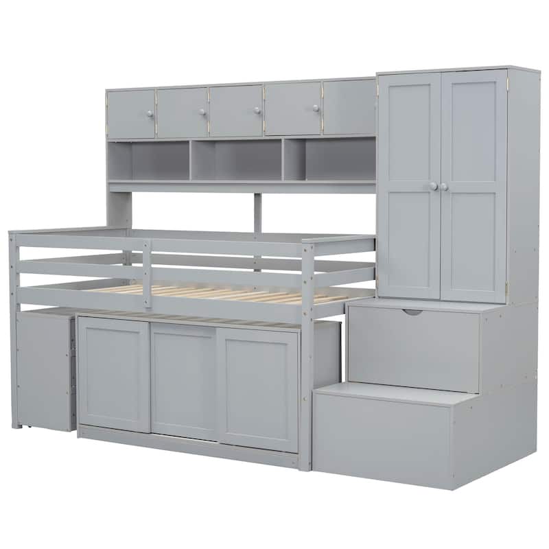 Wooden Loft Bed with Integrated Wardrobe, Under-bed Desk, Drawers, with Shelves