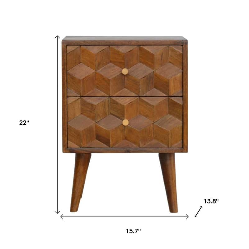 HomeRoots 22" Chestnut Solid Wood Carved Geometric Two Drawer Nightstand