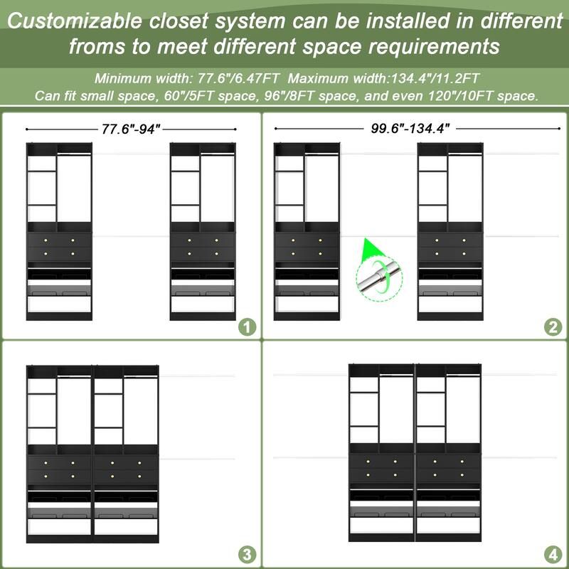 Set of 2 Closet System with 6 Hanging Rods and 4 Drawers, Adjustable Closet System with Shelves and Shoe Rack