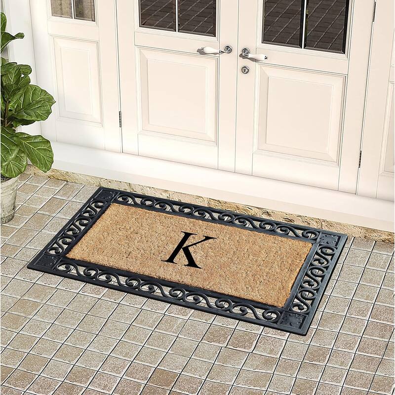 A1HC Rubber and Coir Maple Leaf, Heavy Weight Durable Monogrammed Doormat, 23"X38" Black