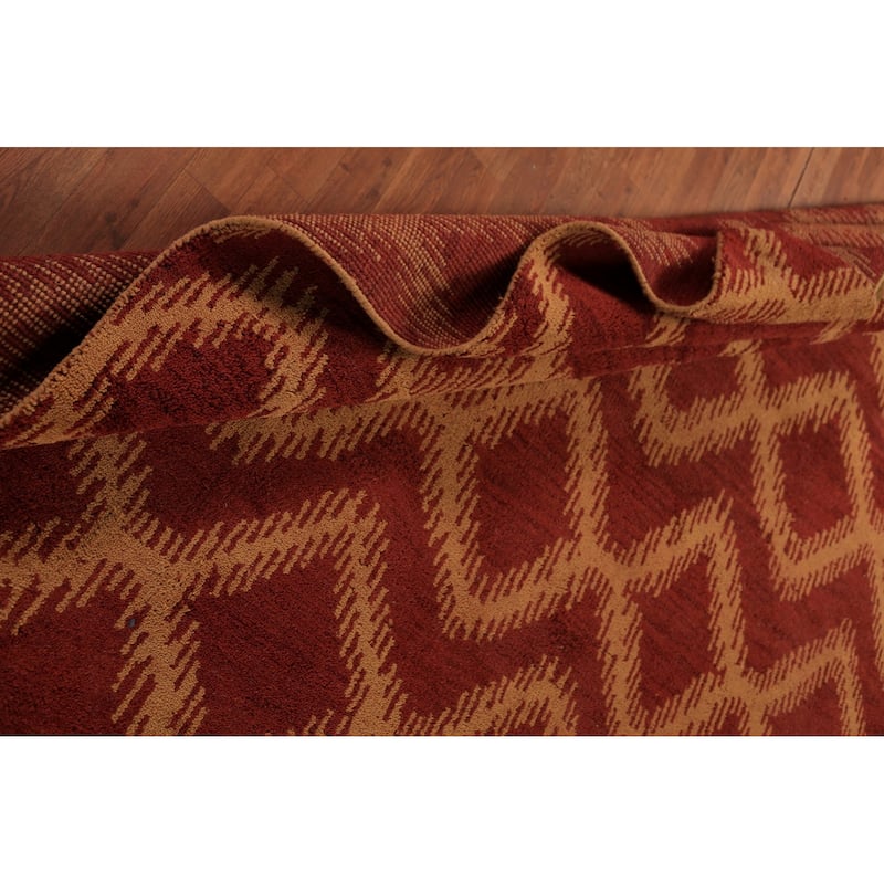 Hand Knotted Oriental 100% Wool Carpet Modern Geometric Red Moroccan Area Rug - 9' 7'' X 7' 11''