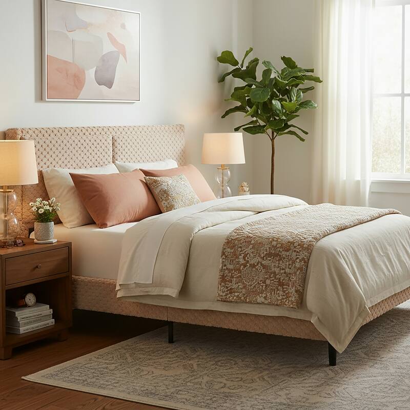 Roomfitters Queen Modern Plush Upholstered Bed Frame, Soft Padded Backrest