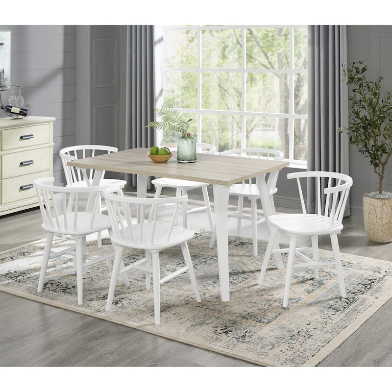 Roundhill Alwynn White and Natural Wood 7-piece Dining Set, Dining Table with 6 Windsor Chairs