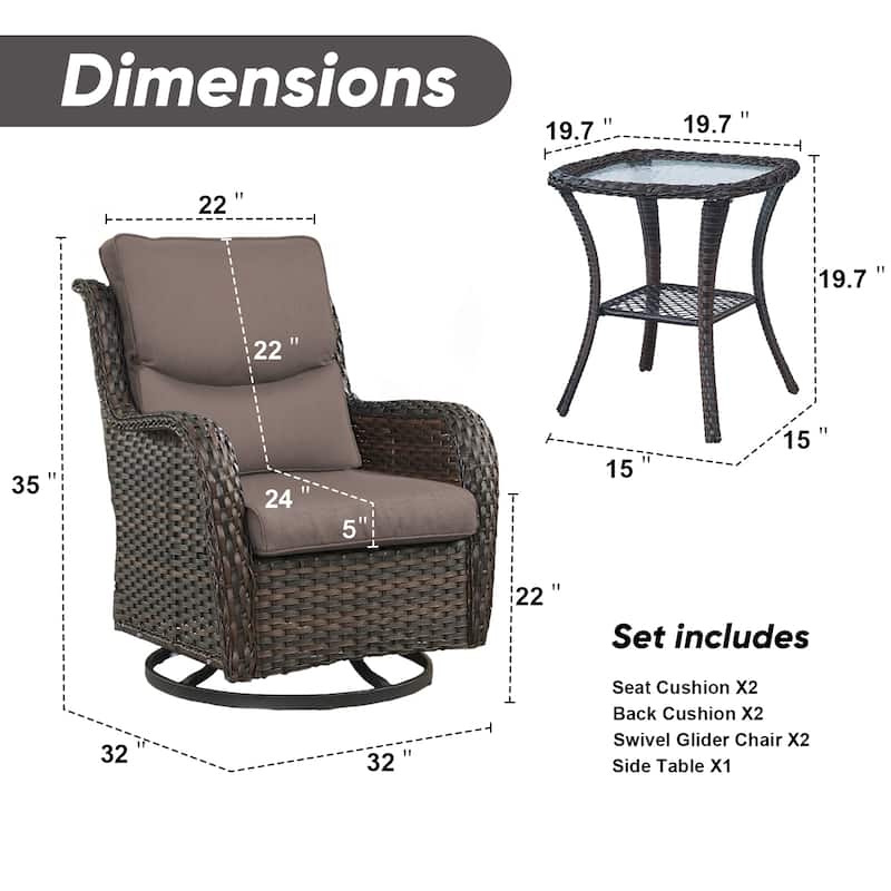 Pocassy Outdoor Glider Chairs Table with 4Inch 5Inch 6Inch Cushion