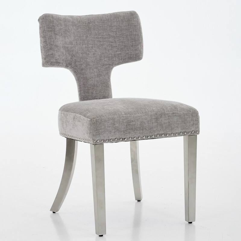 Dining Chairs Set of 2, Farmhouse Chenille Fabric Upholstered Accent Chair Curved Backrest with Copper Nails around