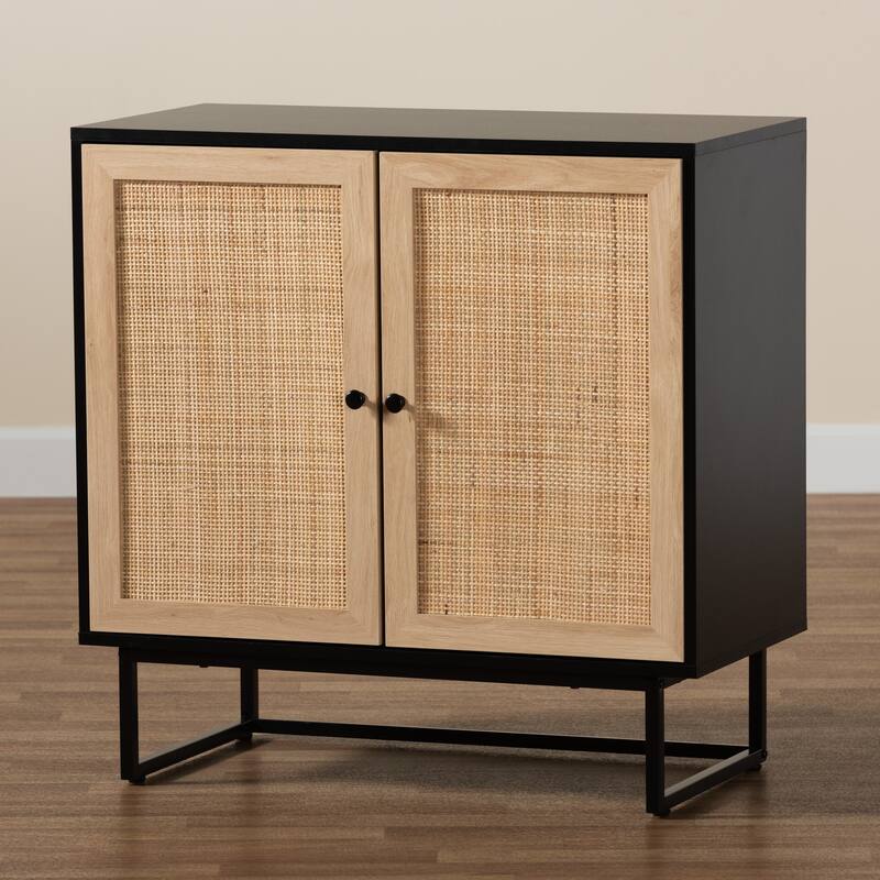 Declan Mid-Century Modern Espresso Brown Finished Wood and Natural Rattan 2-Door Storage Cabinet