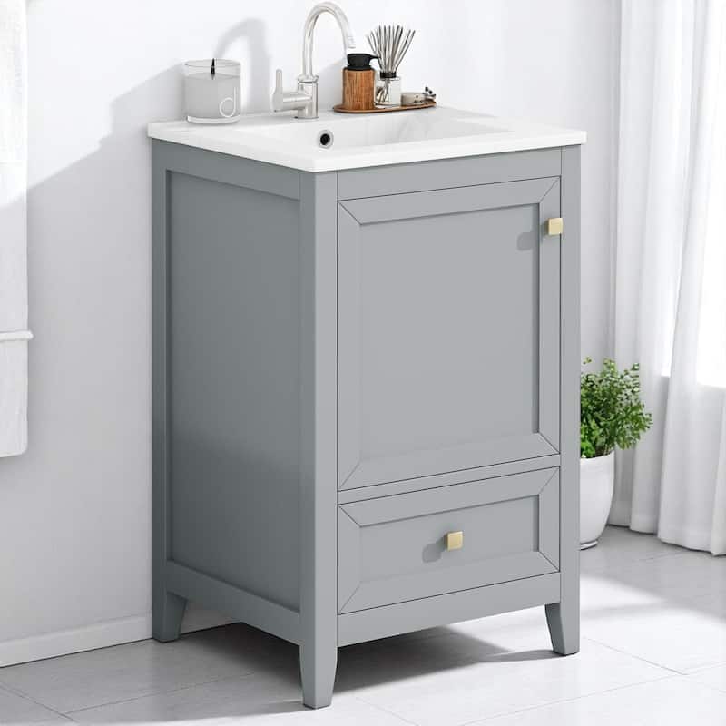 20" Freestanding Bathroom Vanity with Sink, Cabinet, Drawer & Two-Tier Storage Rack, White Finish - Grey