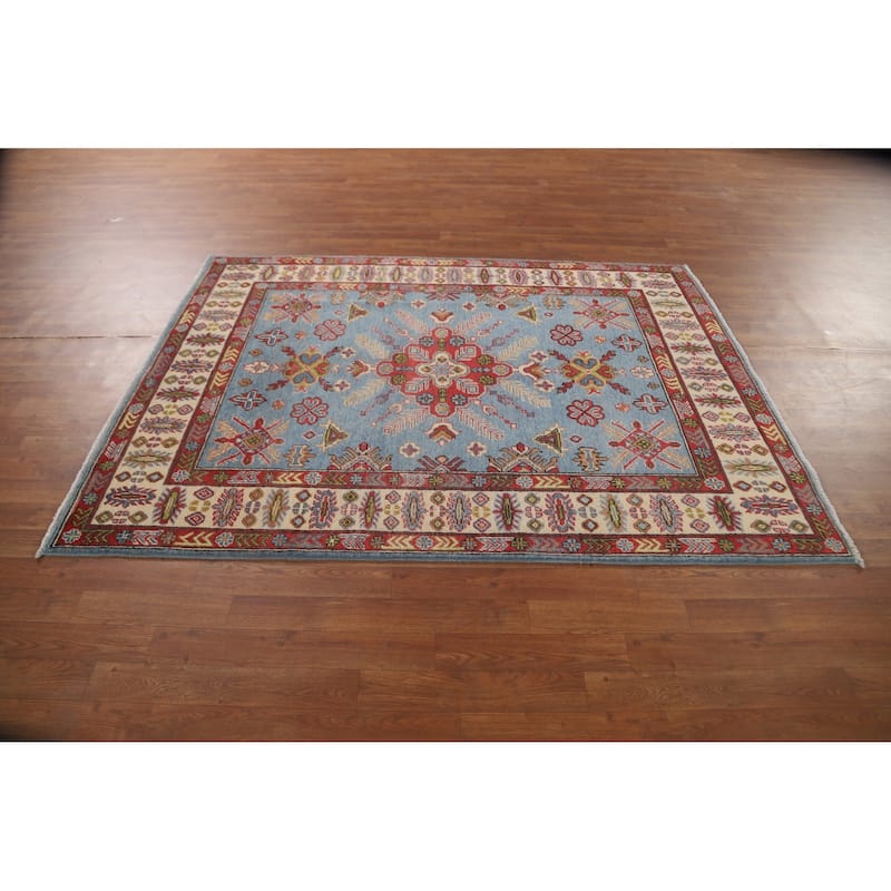 Blue Kazak Area Rug Hand-Knotted Wool Carpet - 4'10" x 6'5"