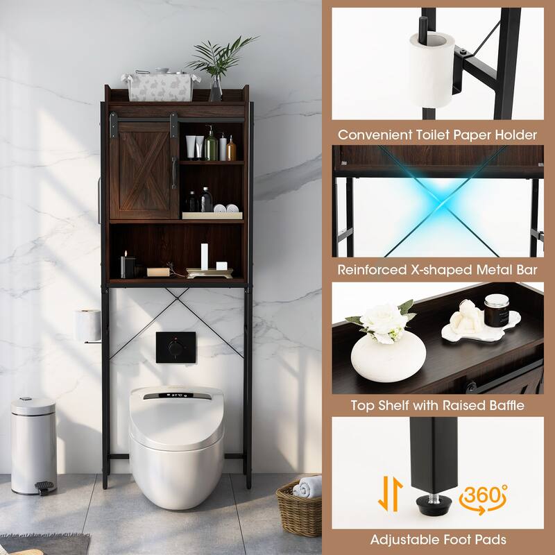 4-Tier Over Toilet Storage Cabinet with Adjustable Shelves and Sliding Door for Bathroom Organization - 25"W x 9.5"D x 67.5"H