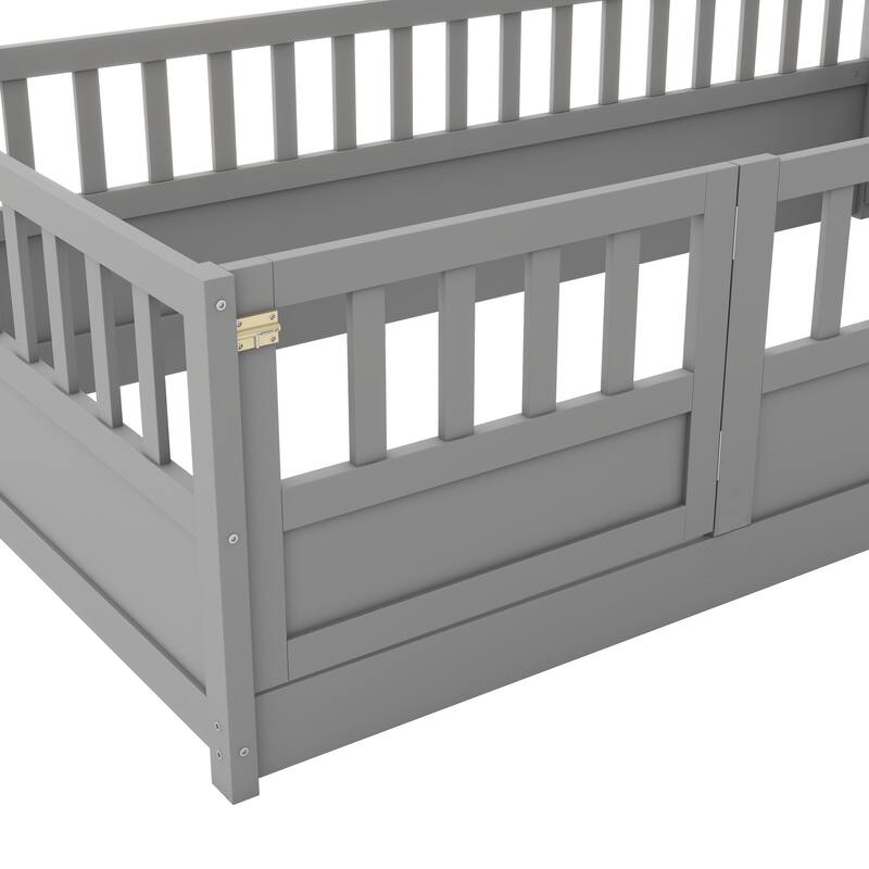 Twin Size Floor Bed Frame with High Security Fence, Pine Wooden Bed Frame, Safe and Stylish for Kids, Children Floor Bed