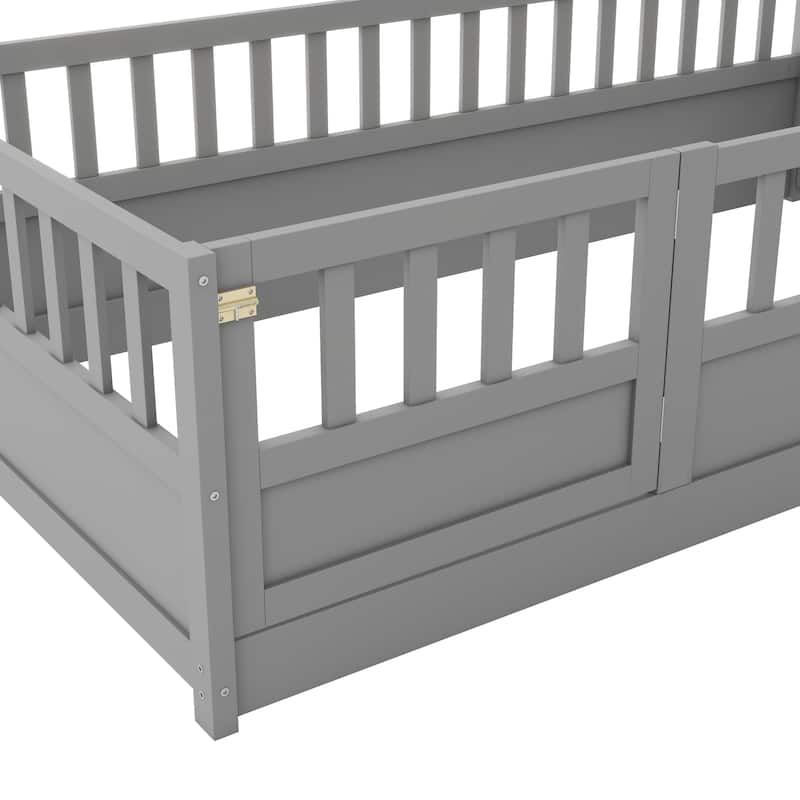 Twin Size Pine Wood Floor Bed, Integral Construction with Super High Security Barrier, Door, Children's Floor Bed Frame