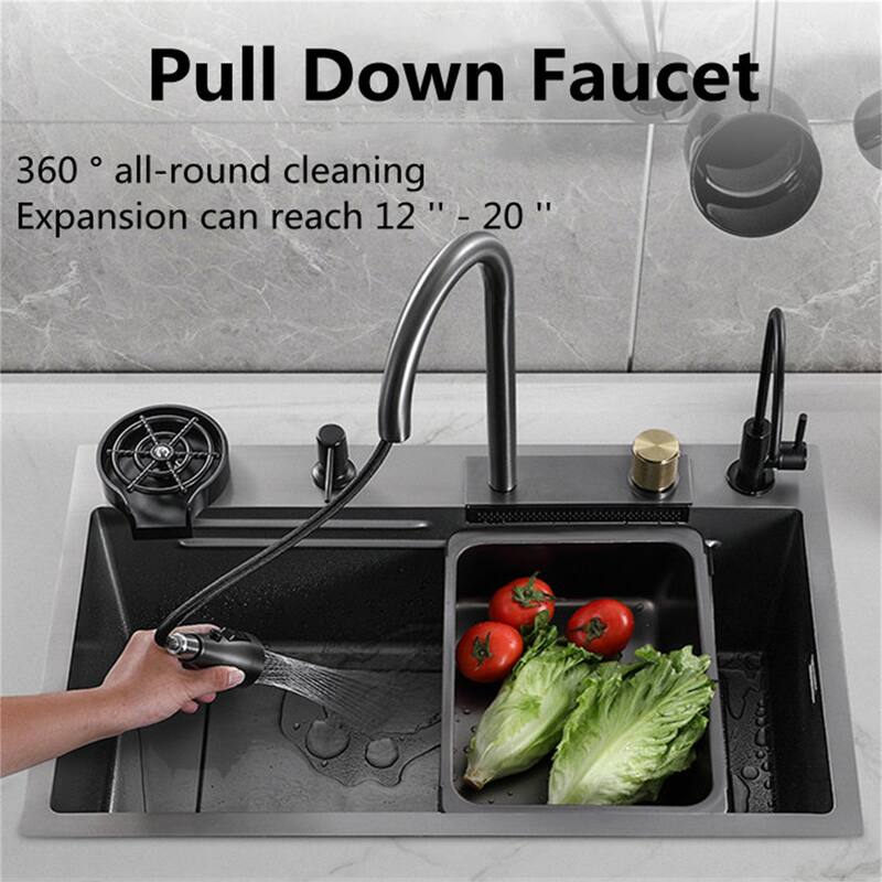 Stainless Steel Drop in Kitchen Sink Waterfall Faucet and Accessories