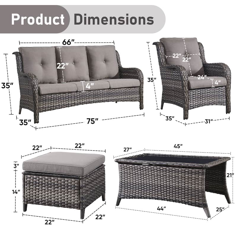 Pocassy 6 Pieces Outdoor 3-Seat Sofa Chairs Table Ottoman