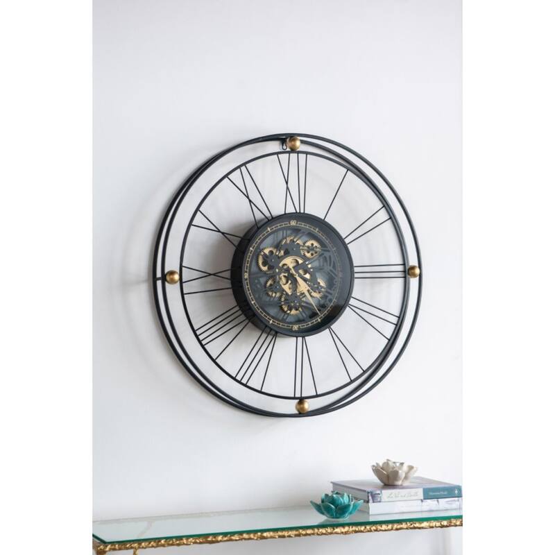 Large Roman Numerals Intertwining Gear Wall Clock 31.5" Black and Gold